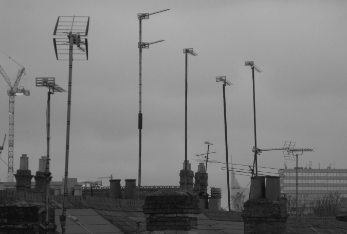 Aerials on rooftops in Reading, UK