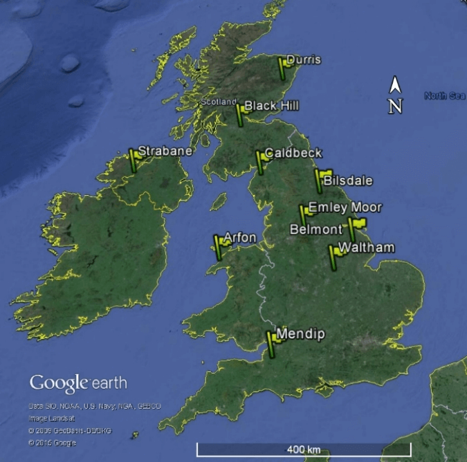 The top 10 TV Transmitters in the UK, and their locations on the British Isles. 