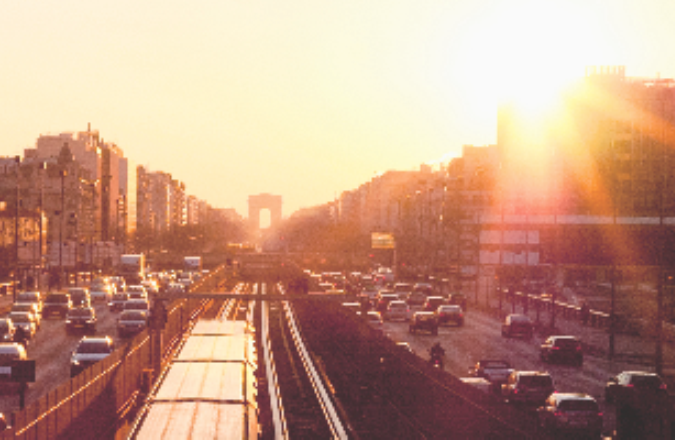 Sun rise in city