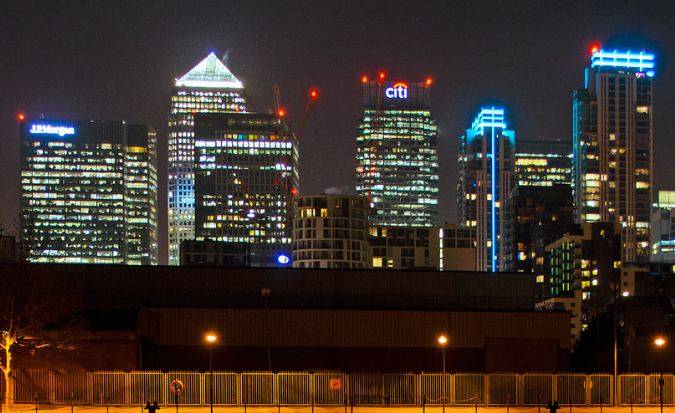 Canary Wharf Buildings with Aviation Lighting