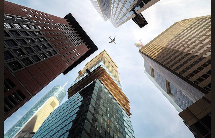 Plane in skyscrapers