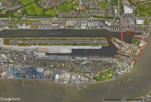 Figure 1: Google Earth image of the Albert Island Development red line boundary relative to London City Airport.