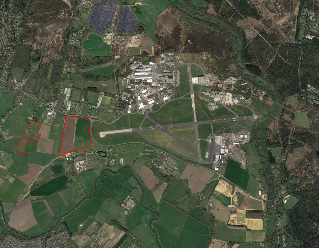 Figure 2: Hale Farm and Woodtown Farm original site boundaries locations relative to Bournemouth Airport[2] [2] Source: © 2016 Google.