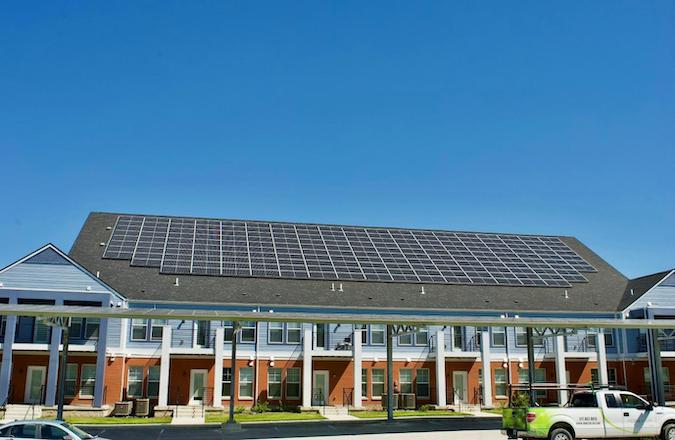 Solar panels on roof of residential building