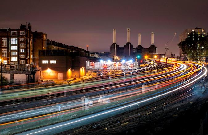 Timelapse of trains near former Battersea Power Station